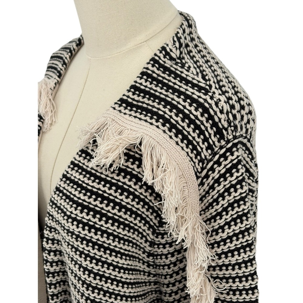 KNOX ROSE‎ Black White Striped Fringe Cardigan Pockets Open Front Est Size XXL - Picture 4 of 5